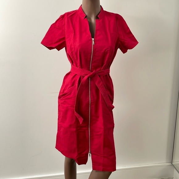 Lafayette 148 New York Zipper Midi Dress Shortsleeve Wasit Tie Red Shift 8 - Picture 1 of 9